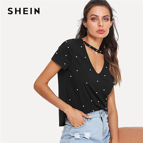 SHEIN Black Pearl Beading Choker Neck Short Sleeve V Collar T-shirt Summer Women Weekend Casual Tee Top