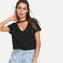 Load image into Gallery viewer, SHEIN Black Pearl Beading Choker Neck Short Sleeve V Collar T-shirt Summer Women Weekend Casual Tee Top