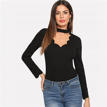 Load image into Gallery viewer, SHEIN Black Workwear Elegant Scallop Trim Solid V Neck Long Sleeve Skinny Tee 2018 New Autumn Minimalist Women T shirt And Top
