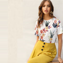 Load image into Gallery viewer, SHEIN Floral And Plants Print Womens Shirts Summer Short Sleeve Casual Basic Streetwear Pullovers White T Shirt Tops