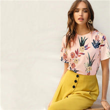 Load image into Gallery viewer, SHEIN Floral And Plants Print Womens Shirts Summer Short Sleeve Casual Basic Streetwear Pullovers White T Shirt Tops