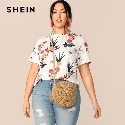 SHEIN Plus Size White Botanical Print Round Neck Top T-Shirt 2019 Women Summer Casual Floral Round Neck Short Sleeve Tee Shirts