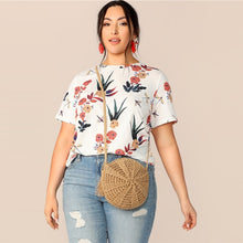 Load image into Gallery viewer, SHEIN Plus Size White Botanical Print Round Neck Top T-Shirt 2019 Women Summer Casual Floral Round Neck Short Sleeve Tee Shirts